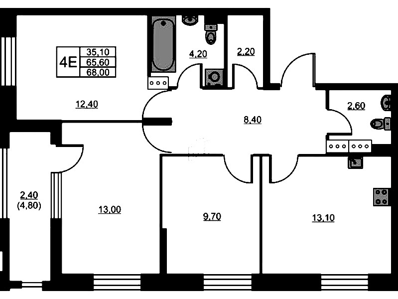 3-комнатная квартира 68 м², 9/13 эт., ЖК «Тайм Сквер»